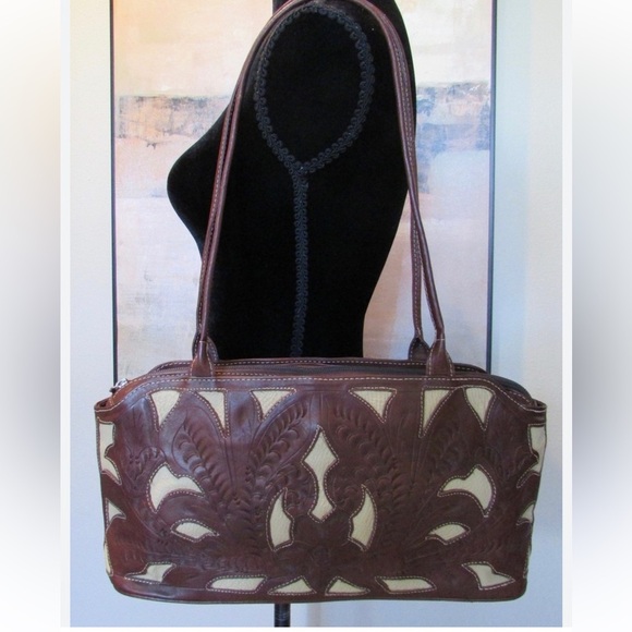 Leaders In Leather Scroll Cut Out Tooled Leather  Bag, Medium Size, Brown/Ivory - Picture 13 of 16